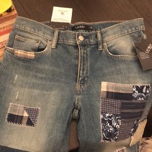 Lauren Ralph Lauren Patchwork Relaxed Fit Tapered Leg Roll Cuff Jeans